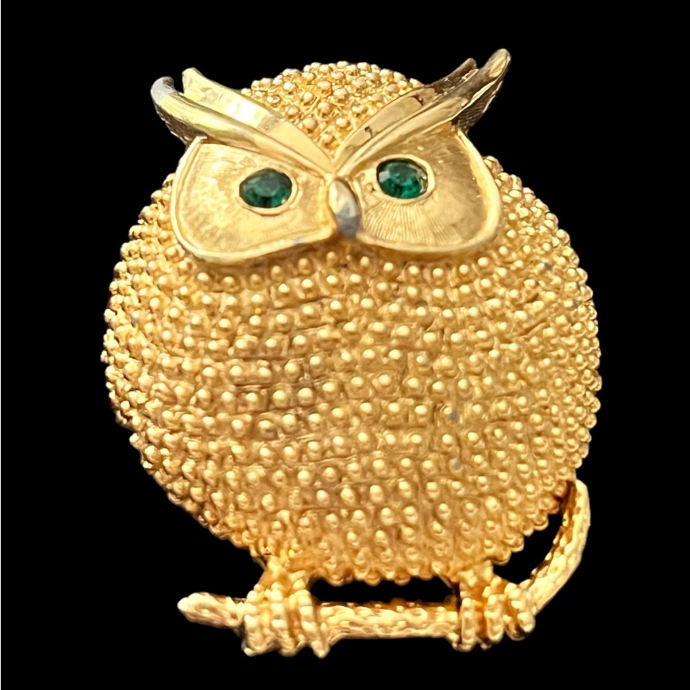 Gold Owl Brooch with Green Accents